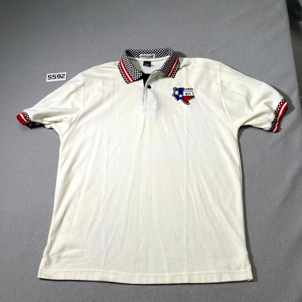 Speed Zone Race Gear Polo Shirt Mens Large White Cotton Checkered Ccecd 911 Logo